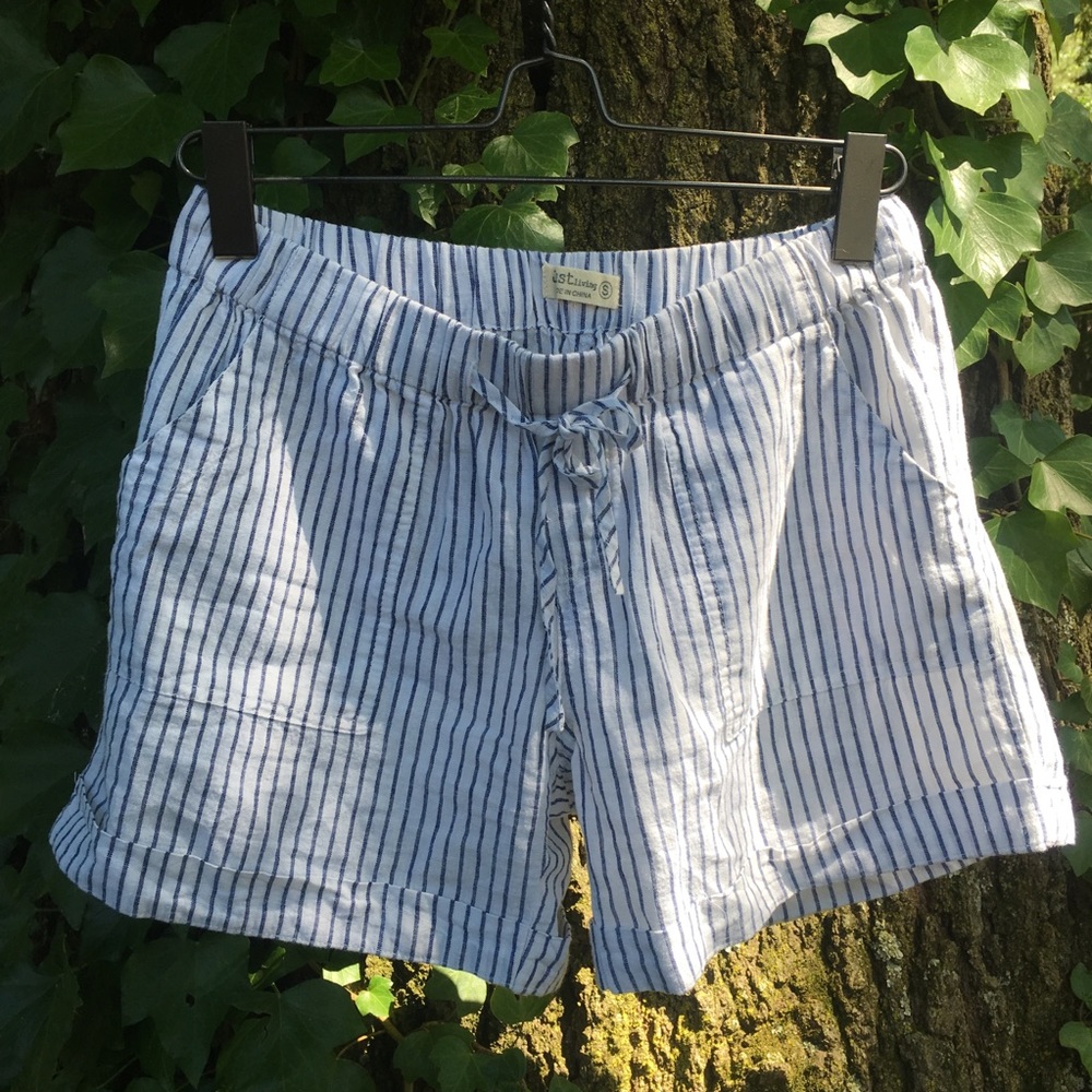 Blue and White Linen Pinstripe Shorts